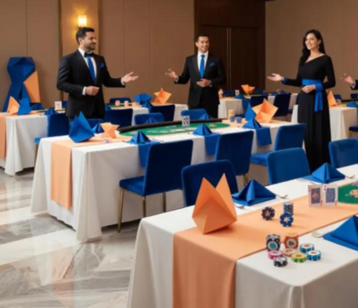 Modern casino-ihlette elegáns este, kártyaasztallal és hangulatos dekorációval