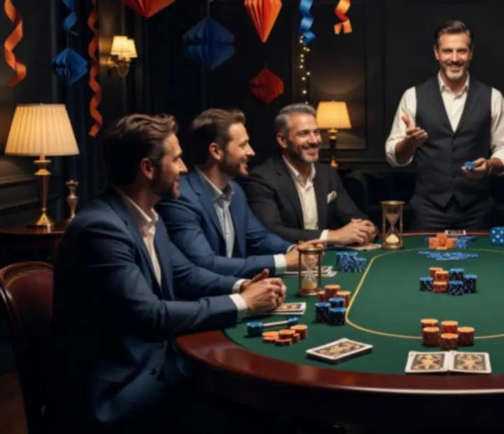 Offline poker-inspirált, nem pénzdíjas tematikus este elegáns mock asztalokkal