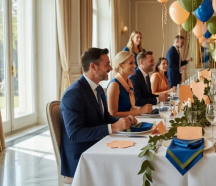 Stílusosan megterített születésnapi asztal gyertyákkal és dekorációval