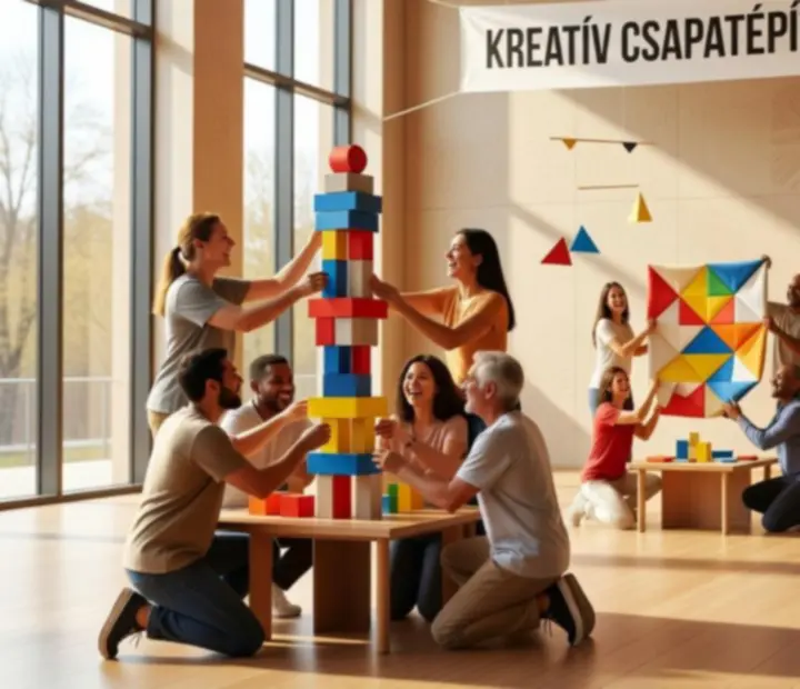 Csapatépítő programon nevető kollégák közös játékkal
