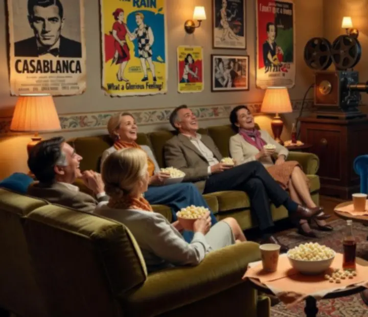 Vintage mozi éjszaka klasszikus plakátokkal és vetítővászonnal